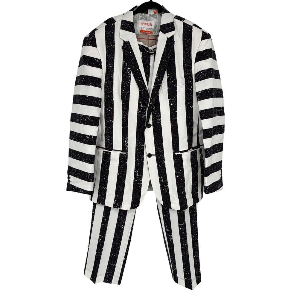 OppoSuits‎ Beetlejuice Men's Suit Size 48 Black White Striped Costume 2 Piece